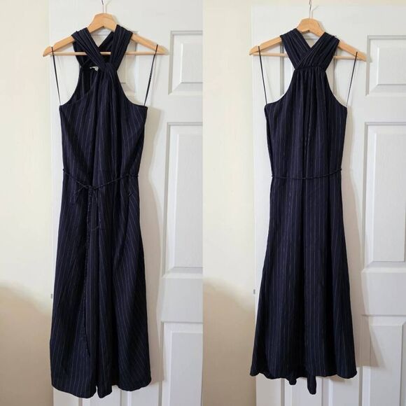 Vince Twist-Front Midi Halter Navy Striped Dress $395 NWT Sz M - Picture 2 of 10